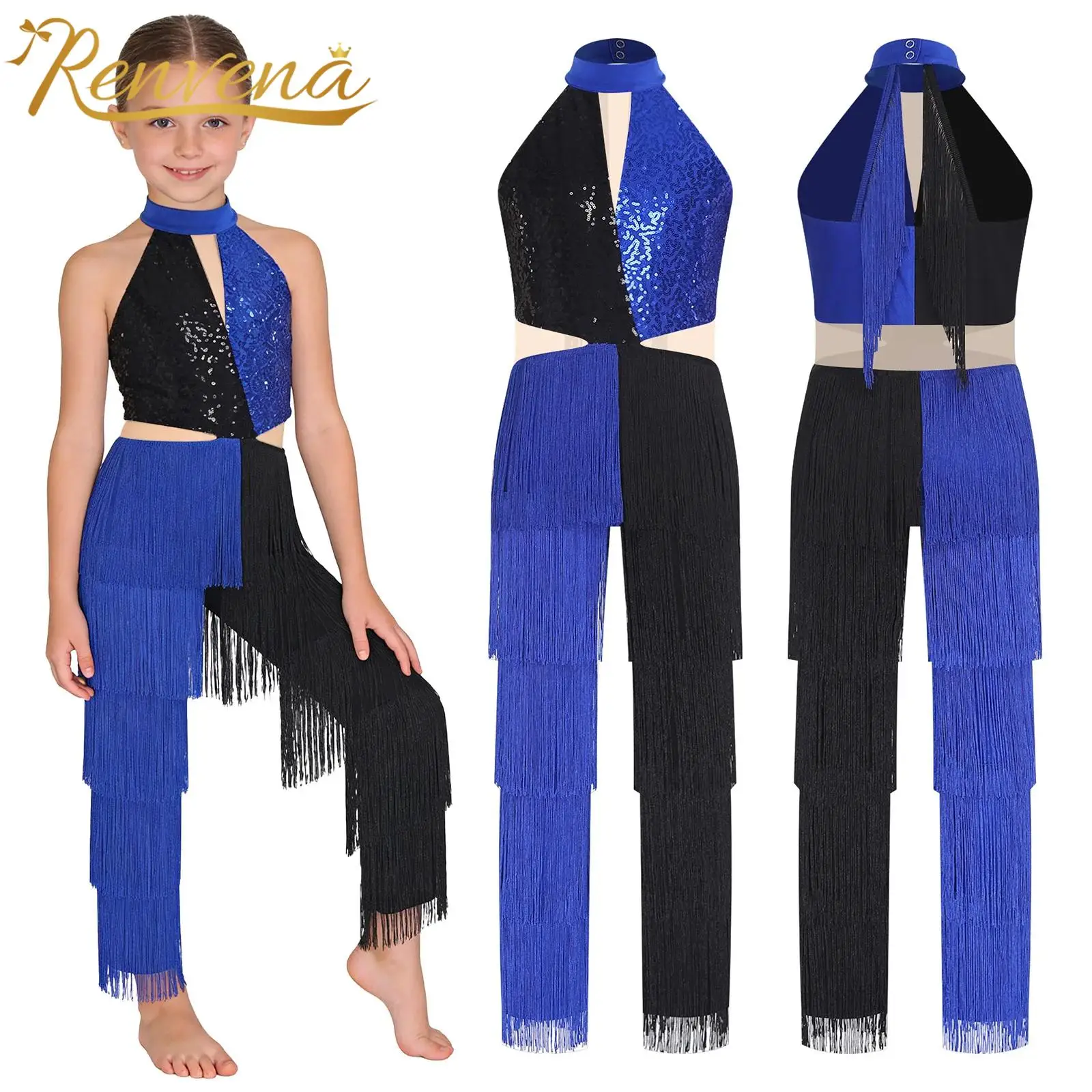 Childs Sequin Tassel Halter Jumpsuit Girls Latin Dance Disco Party Romper Kids Performance Costume Sleeveless Bodysuit Dancewear