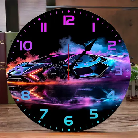Cool Supercar Wooden Round Silent Hanging Wall Clock, Suitable For Living Room, Office, Study Room, Bedroom, Home Decoration