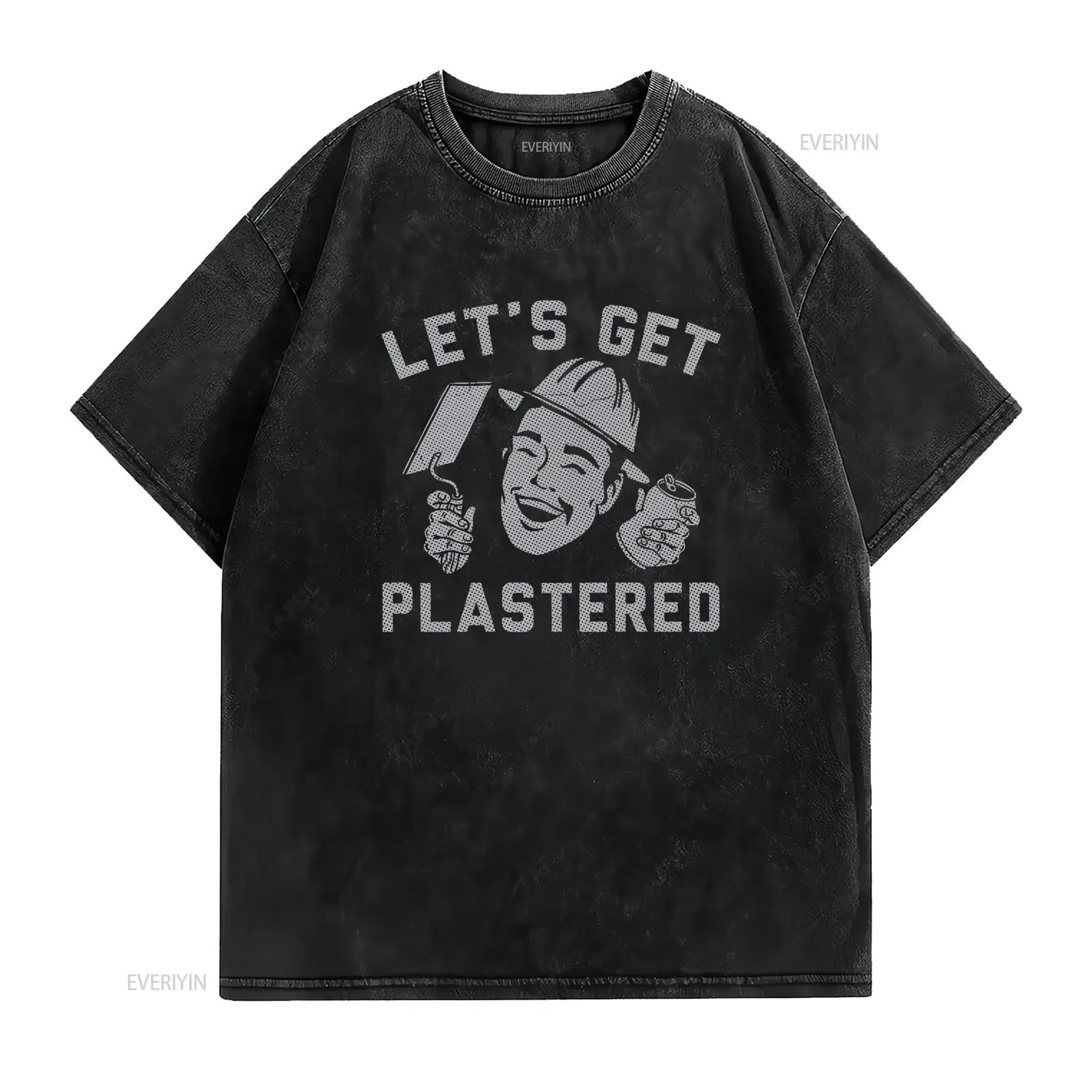 Mens Funny T Shirt Lets Get Plastered Sarcastic Construction Novelty vintage Washed streetwear designer clothes graphic Soft