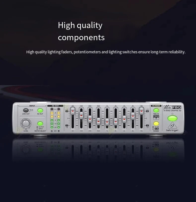 معادل EQ للرسومات مكون من 9 قطع مضاد للعواء وتعديل التردد العالي والمتوسط والمنخفض، وفلتر منخفض القطع، وشاشة LED