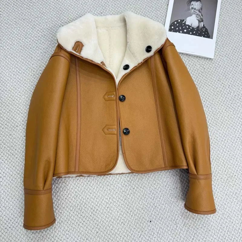 women coat spring natural real sheep fur jacket turn-down collar clothes short length thick warm Single-row buckle