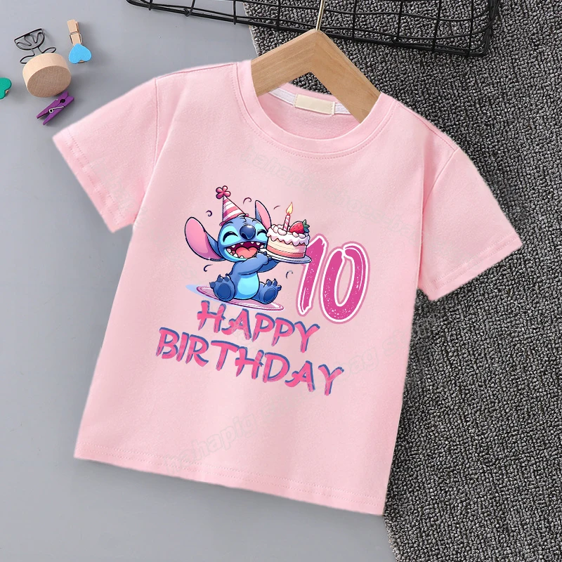 Lilo Stitch Number T-Shirt for Girl Birthday Clothes Summer Short Sleeve Pink T Shirts Casual Kids Clothes Cute Cartoon Tee Tops