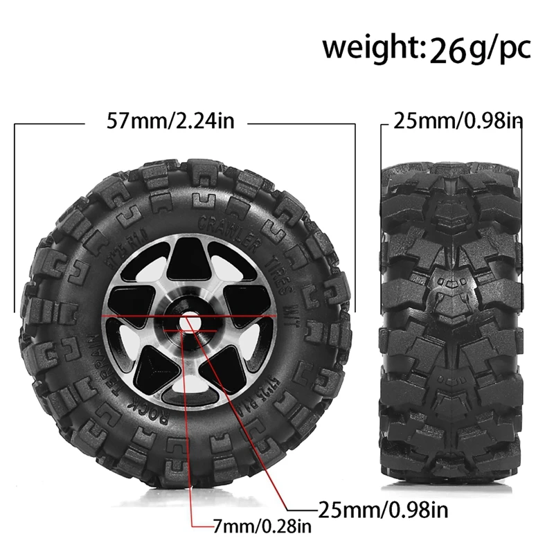 4Pcs 57Mm 1.0Inch Metal Beadlock Wheel Tire Set For 1/18 1/24 RC Crawler Car TRX4M SCX24 AX24 FCX24