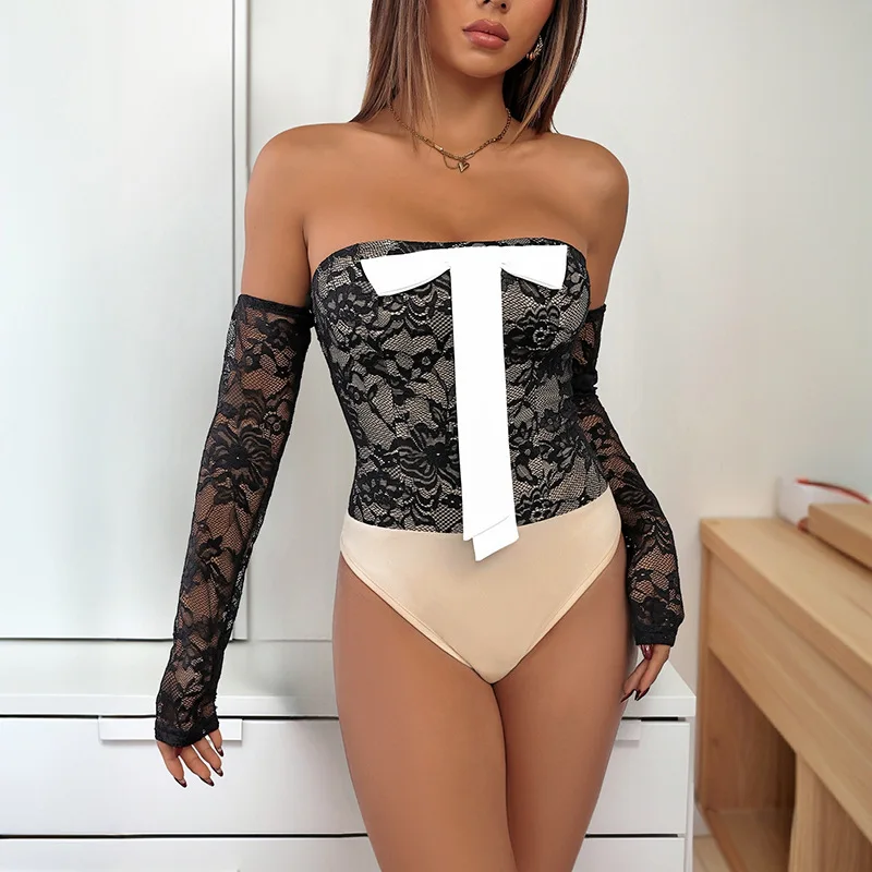 Women Off Shoulder Bow Bodysuit Summer Long Sleeve Bodycon Blouses T-Shirt See Through Tee Shirts Ladies Lace Strapless Tube Top