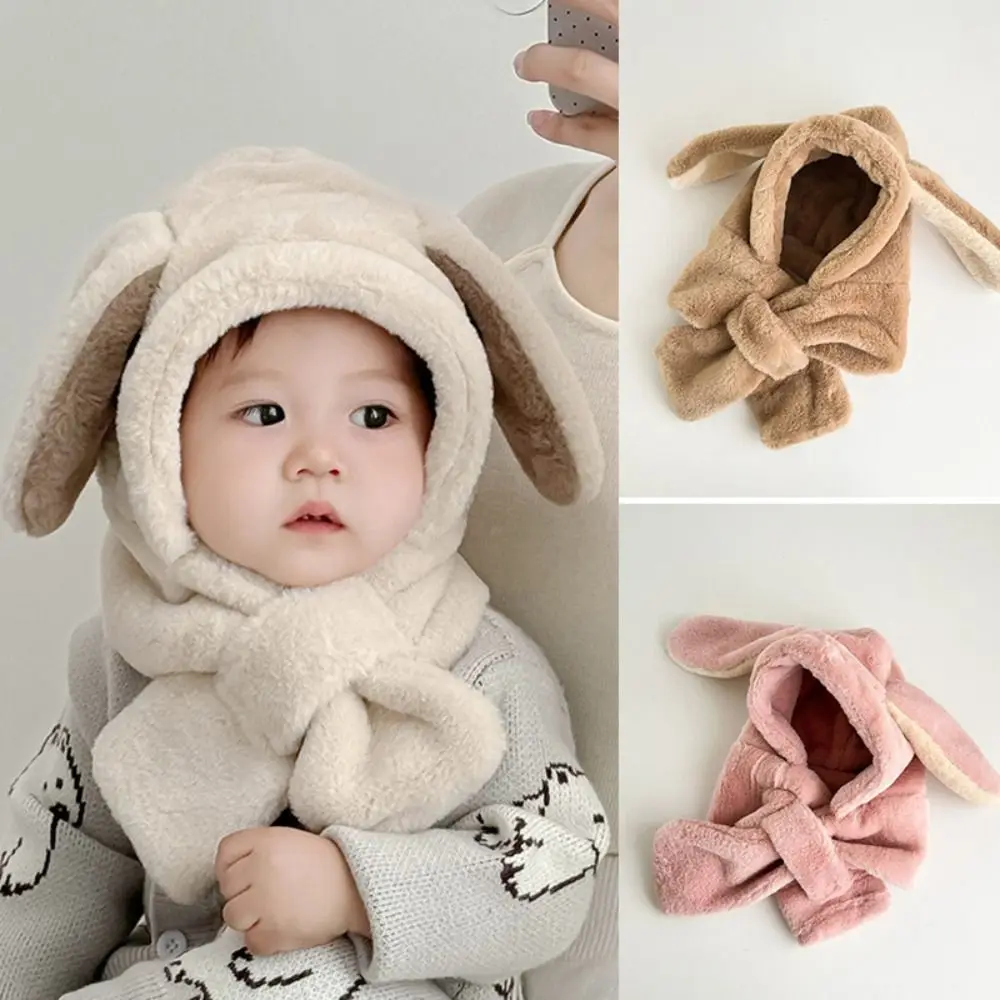 Cartoon Rabbit Ears Winter Baby Hat Scarf Plush Thick Warm Kids Hat Hooded Scarf Windproof Neck Protection One-Piece Beanies Cap