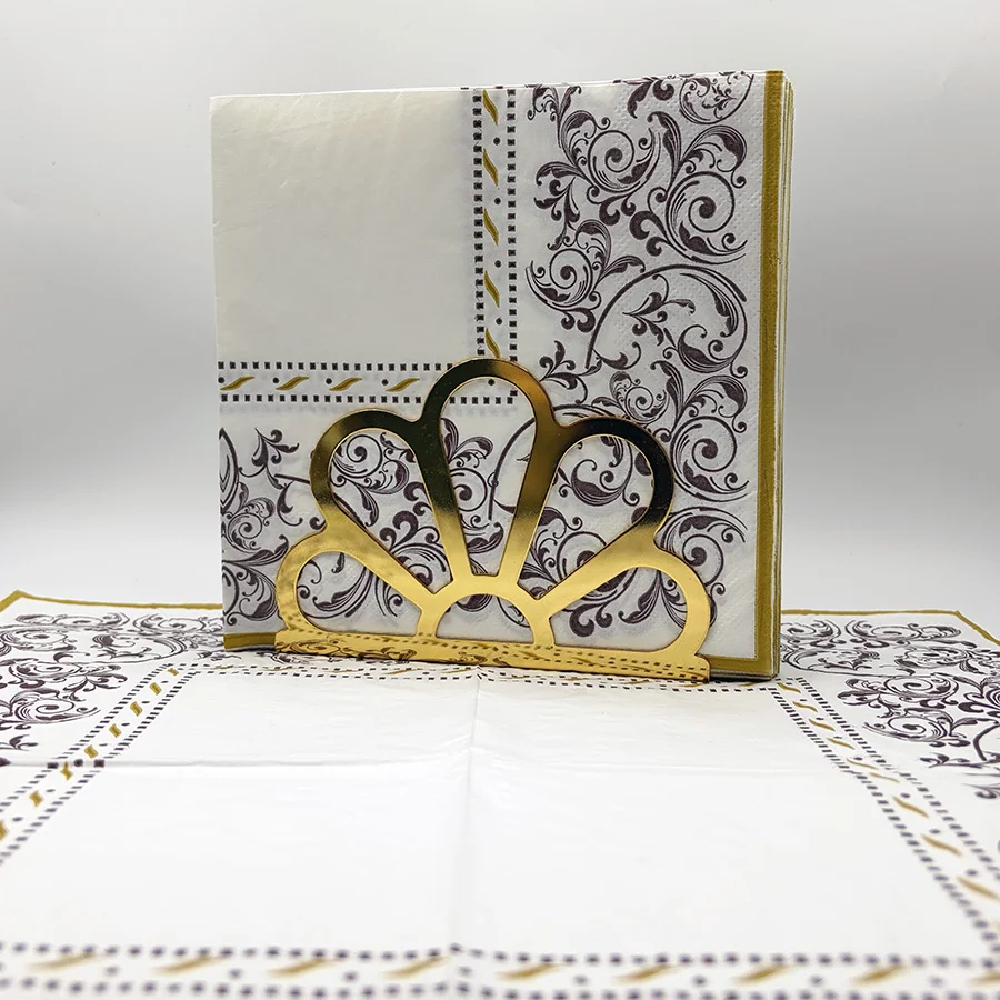 20Pcs 2Ply Dinner Napkins 33x33cm Classic Brown Damask Scroll Print Gold Border for Wedding Party Table Decor DIY Decoupage Pape