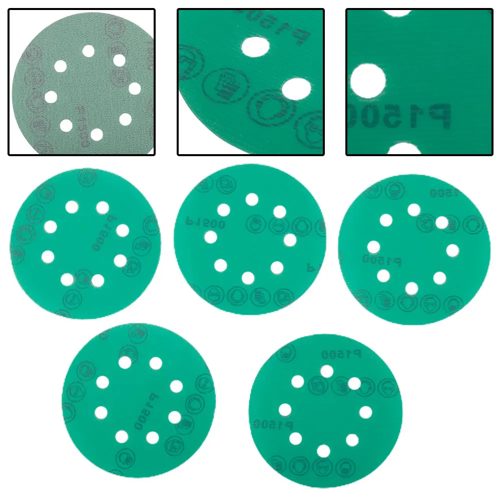 Dischi abrasivi da 5 pollici a 8 fori e pellicola PET asciutto e bagnato Lucidatura carta vetrata verde adatta per lucidare mobili in legno e metallo