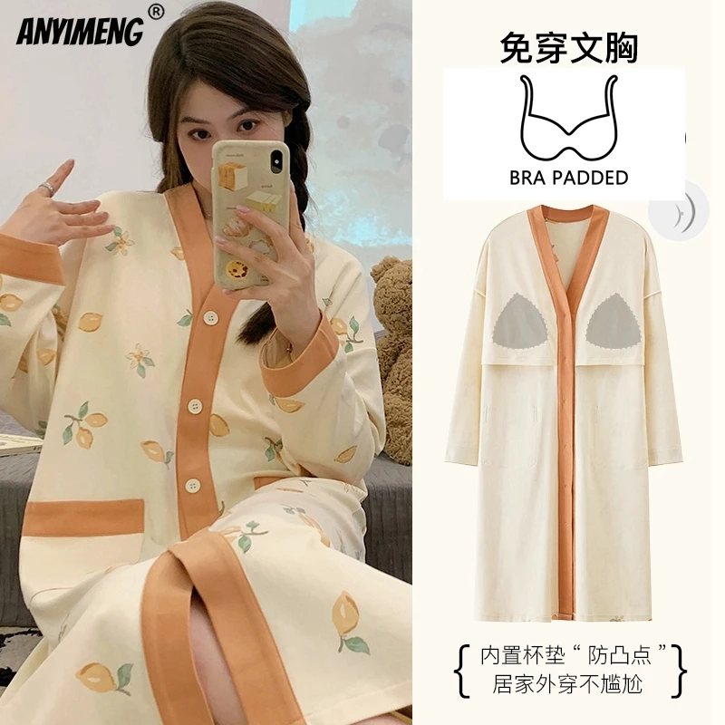 M-5XL Plus rozmiar bawełniane koszule nocne jesienno-zimowa damska koszula nocna z długimi rękawami biustonosz z dekoltem w kształcie litery V wyściełane koszule nocne Casual koszula nocna