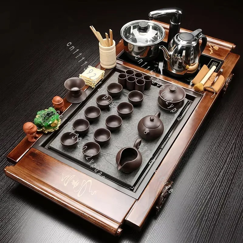 Wood Serving Tray with Brewing Vessel, Tea and Cup Collection, Traditional Beverage Utensils for Home Kitchen Use