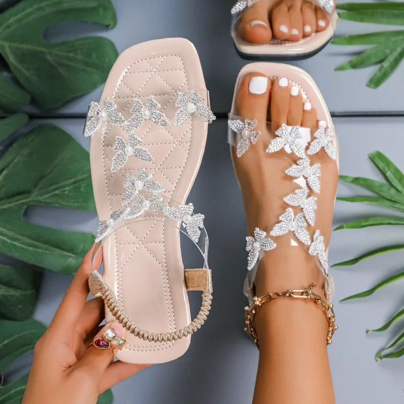 2026 Sommer Strass Schmetterling Damen Römersandalen Neuer Stil Kristall Mode Lässige Offene Zehen Outdoor Strandpantoletten Übergröße
