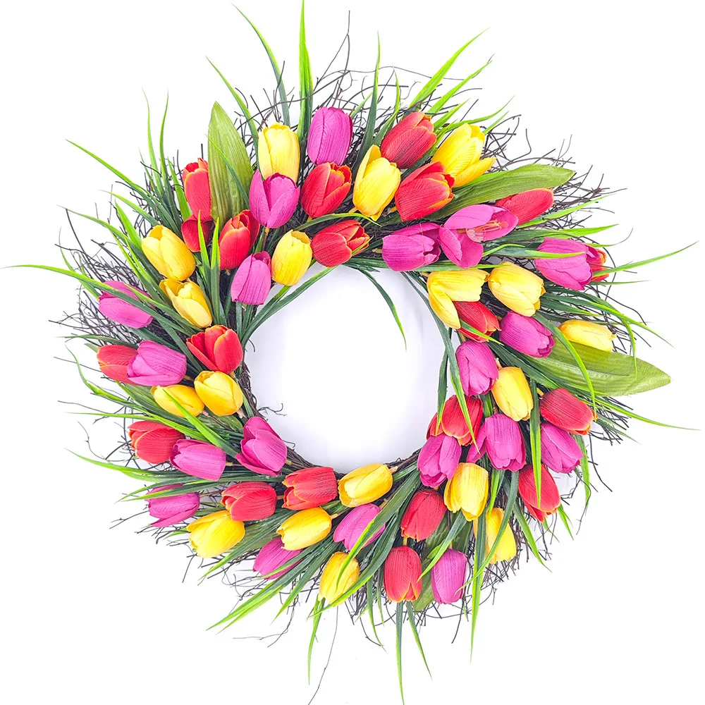 35/40CM Artificitial Tulip Wreath for Front Door Hanging Decoration Wedding Decoration Round Rattan Wreath Decor For Door Garden