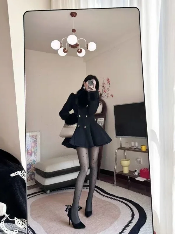 Verdikte wollen jas voor dames met katoenen binnenkant en bontkraag Halflange dubbele rij knopen Dames Faion Winter Bovenkleding