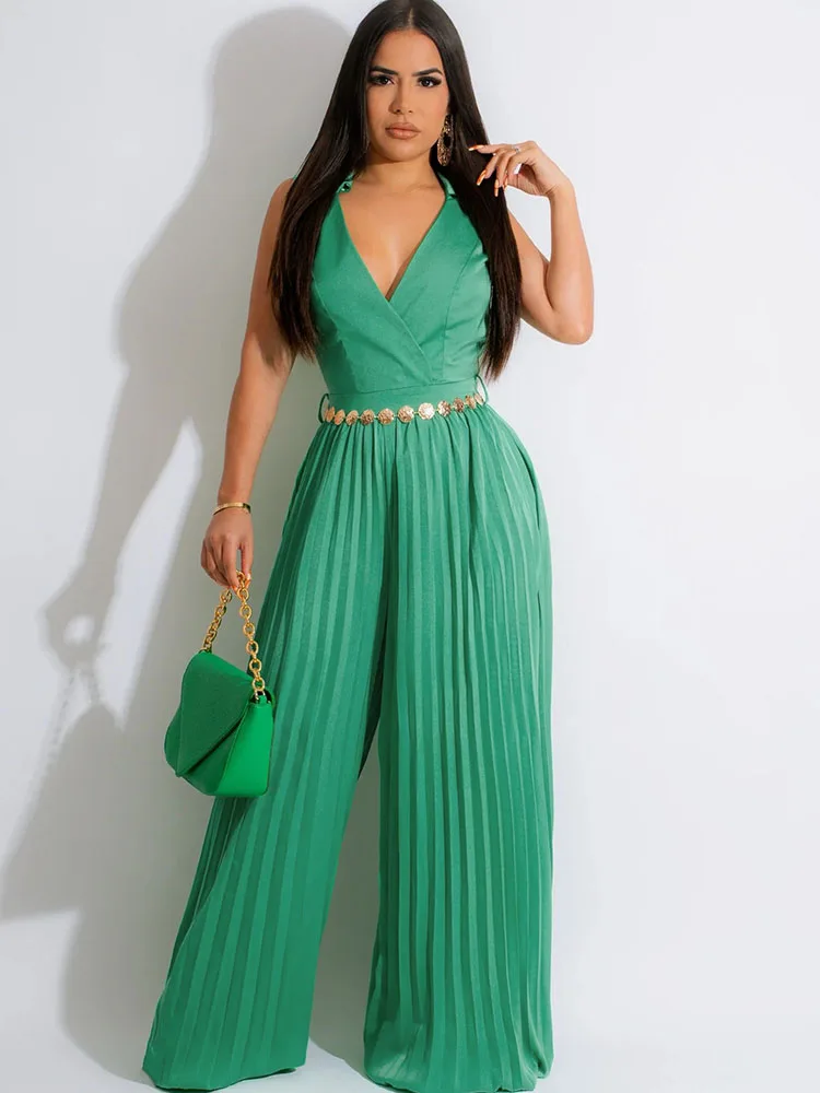 

Elegant Workwear Pleated Wide Leg Jumpsuits for Women Sleeveless V-neck High Waist One Piece Romper Party Club Overalls Belt