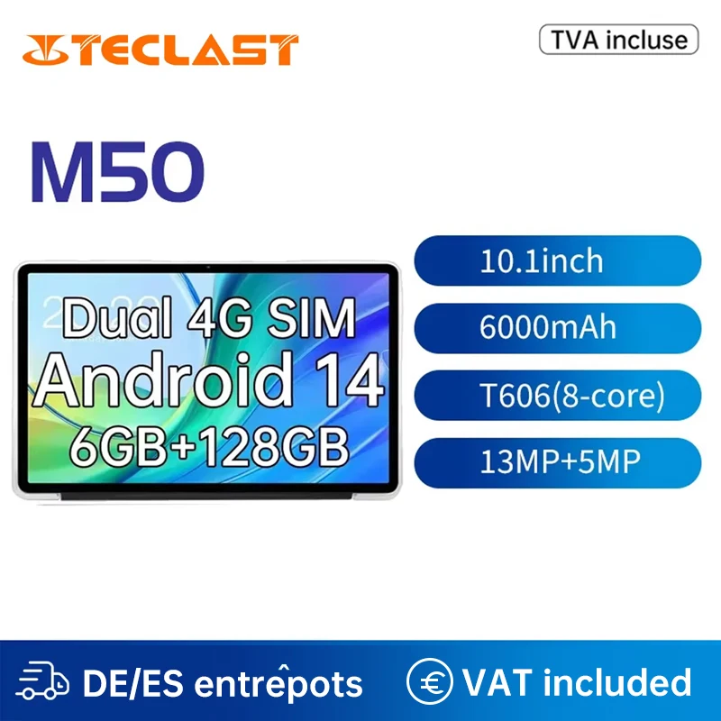 Teclast M50 10,1 inch TDDI Incell x 800 Android 14 Tablet (6 + 6) 12GB RAM GB ROM Unisoc T606 8 core ducal SIM 4G phone case