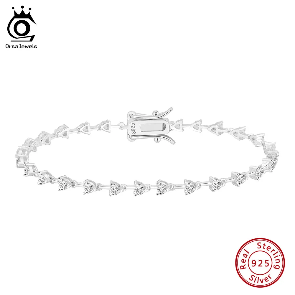 

ORSA JEWELS Classic New Design Love Heart Shape Chain Bracelets Prong Setting 5A Cubic Zirconia Fine Jewelry 925 Silver SB211