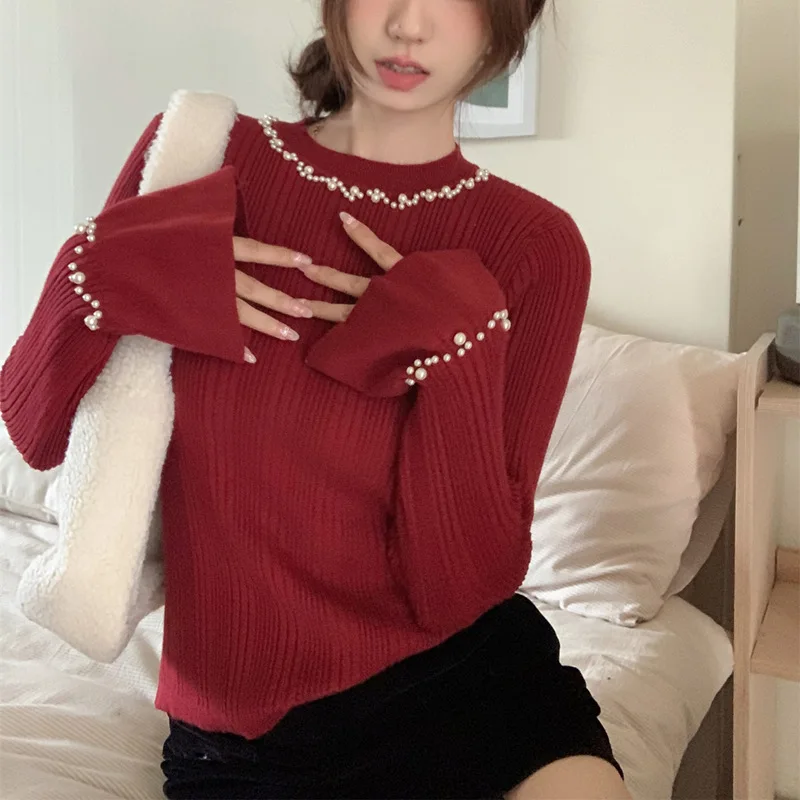 Autumn Winter Pearl Knitted Sweater Women's Slim Fit Long Sleeve round Neck Elegant Atmosphere Feeling Bell Sleeve T-Shirt view 2