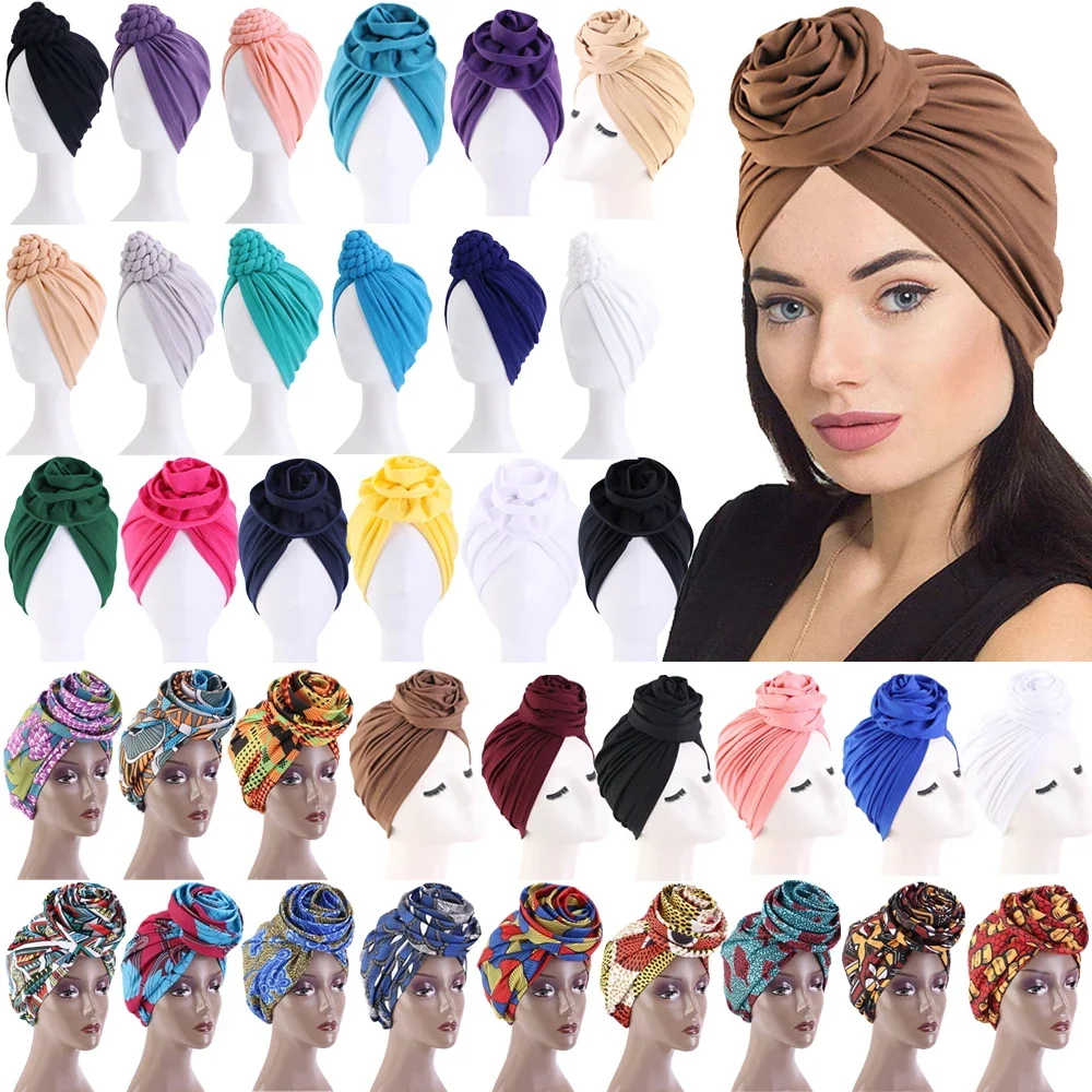 African Women Bonnet Hat Muslim Inner Hijab Big Flower Turban Ankara Print Headscarf Chemo Cap Beanies Hair Loss Head Wrap Scarf