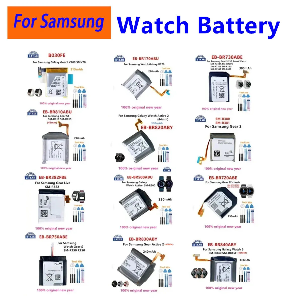 

EB-BR720ABE Battery For Samsung Galaxy Watch Gear S4 42mm/ Gear Live/S2 classic/Gear 1/Active 1 2 3/ Watch 3/ Gear S/Gear 2