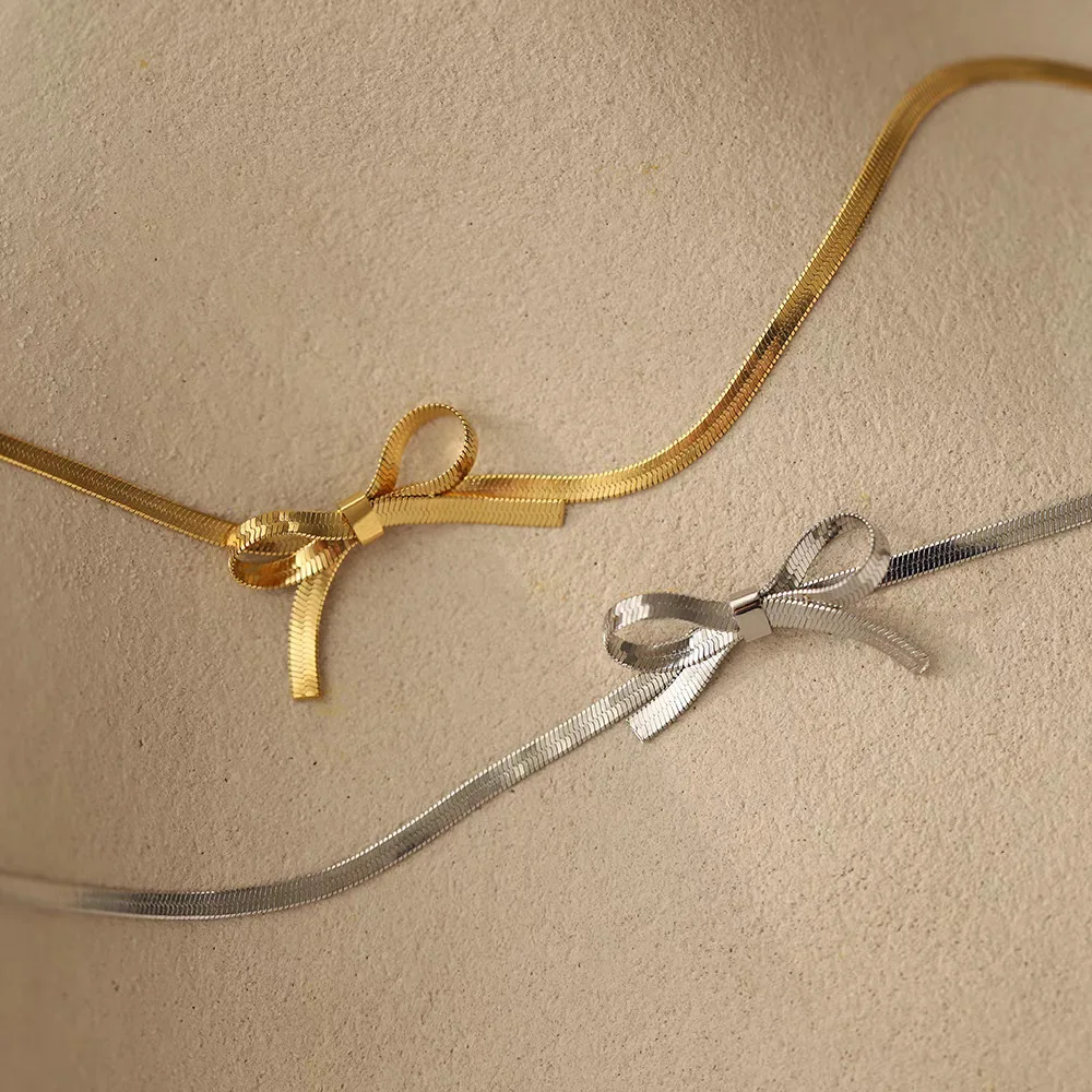Stainless Steel Snake Bone Chain Necklace Women\'s Fashion Bow Water Drop Collarbone Necklace Exquisite Party Jewelry Girls Gift