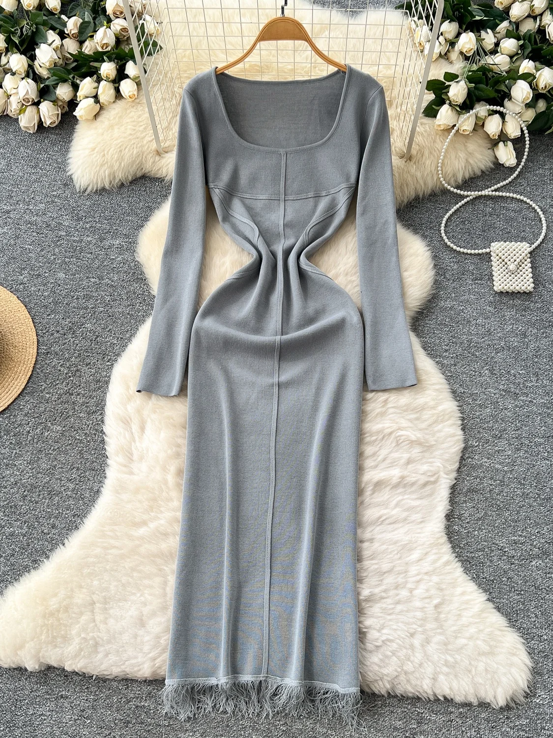 

Slim Fit Knitted Long Sve Square Collar Dr Women's Autumn Waist Cinching Slimming Knit Tassel Long Dr Pure Desire