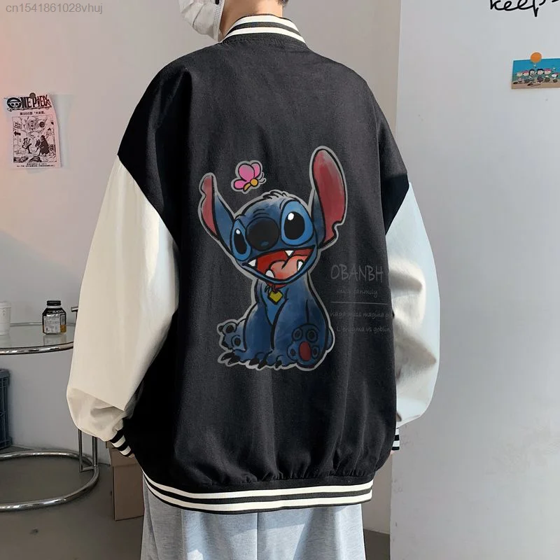 Disney Stitch Baseball Jacket Men\'s Yk2 Hip Hop Casual Cardigan Jacket Oversized Korean Trendy Coat Women Girls Harajuku Hoodie