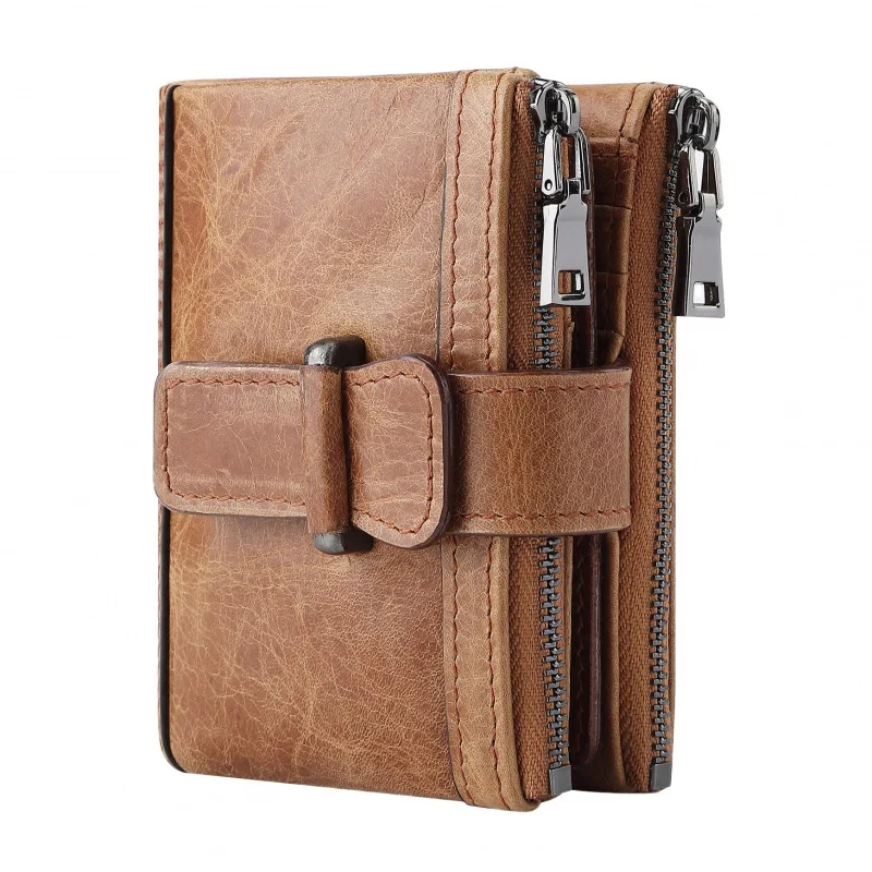 RFID anti-theft zippered snap wallet with multiple card slots, made of top-grain genuine leather with a male anti-theft lock