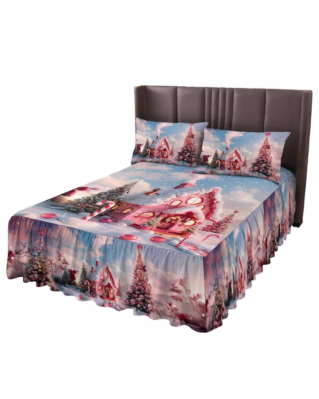 Christmas Candy House Snow View Countryside Skirt Elastic Fitted Bedspread With Pillowcases Mattress Cover Bedding Set Bed Sheet