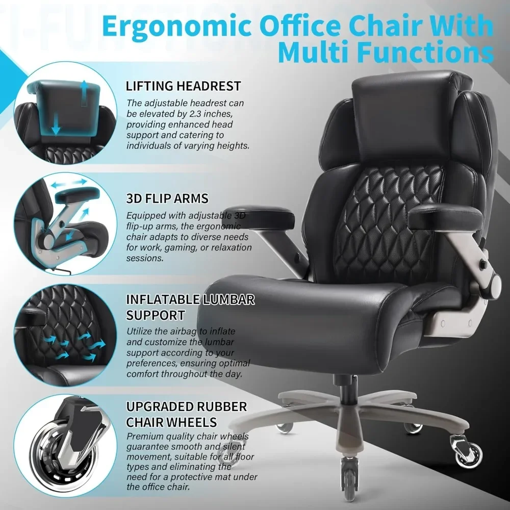 Big and Tall Office Chair 500lbs - Adjustable Headrest&Lumbar Support, 3D Flip Arms, Large Wheels &Heavy Duty Metal Base