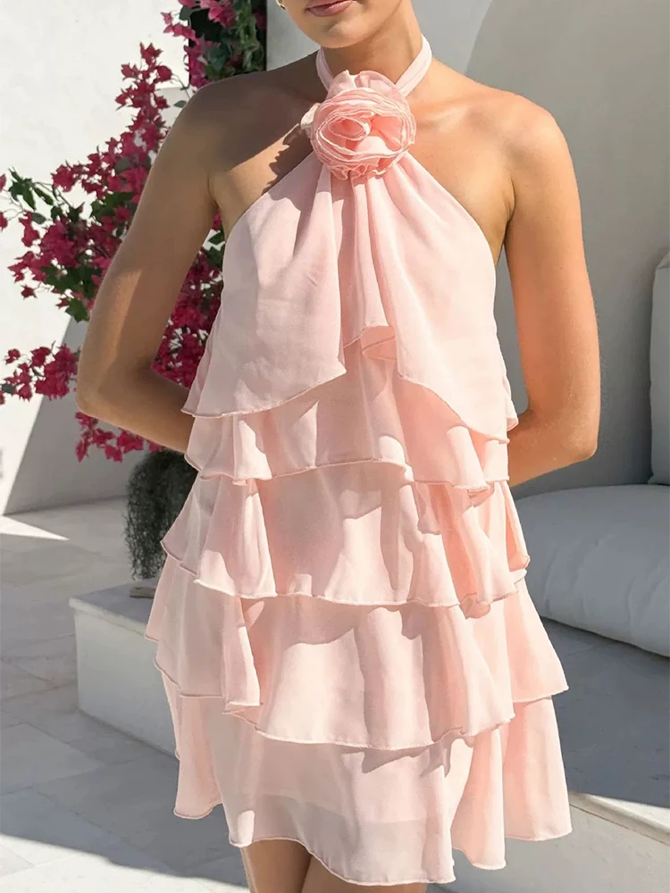 Em camadas plissado bordas cor sólida mini vestido casual cintura alta praia vestidos femininos flor retalhos sem mangas vestido de férias