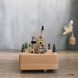 DIY Log Ornaments Home Decor Handmade Wooden Music Box Creative Retro Rotating Music Box Christmas Birthday Gift