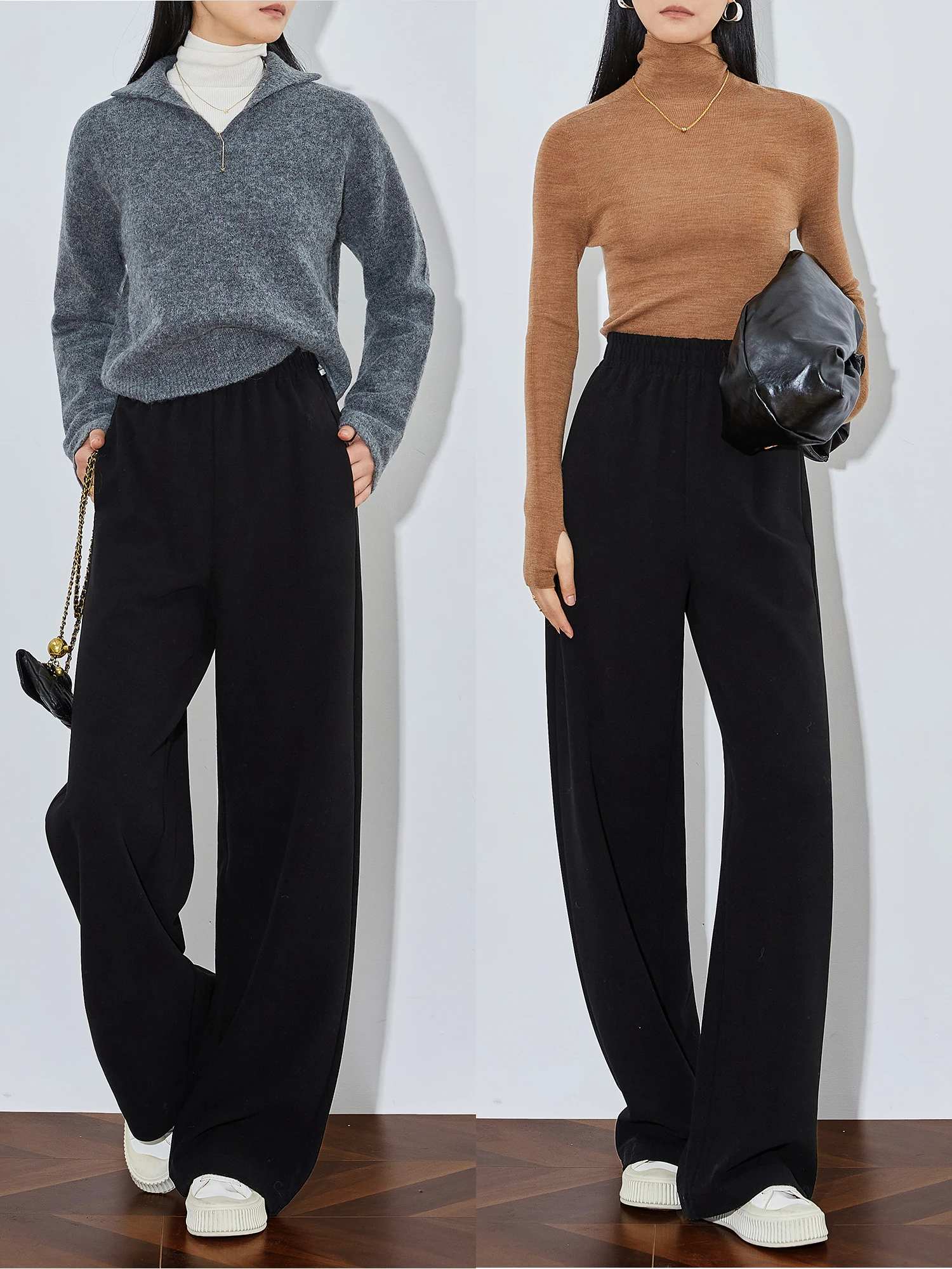 

Длинные шерстяные брюки с эластичным поясом, прямые, с высокой талией, широкие штанины, удобные повседневные брюки для женщин