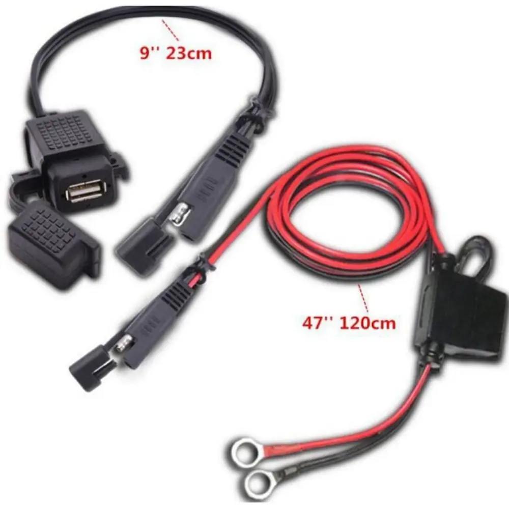 Black Charger Cable Adapter 2.1A 12V Ring Terminal Cable Harness Waterproof Dustproof Motorcycle SAE To USB Cable Adaptor Phone