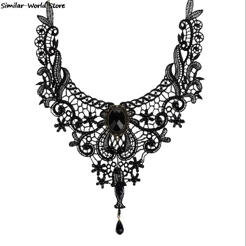 1PCNew Hot Women Black Lace& Beads Choker Victorian Steampunk Style Gothic Collar Necklace Nice Gift For Women