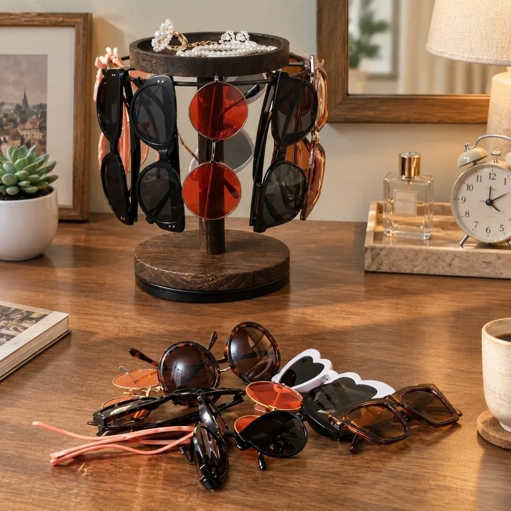 Convenient Eyeglasses Display Stand With Tray Rotating Wooden Storage Rack With Base Space Saving Jewelry Organizer Home