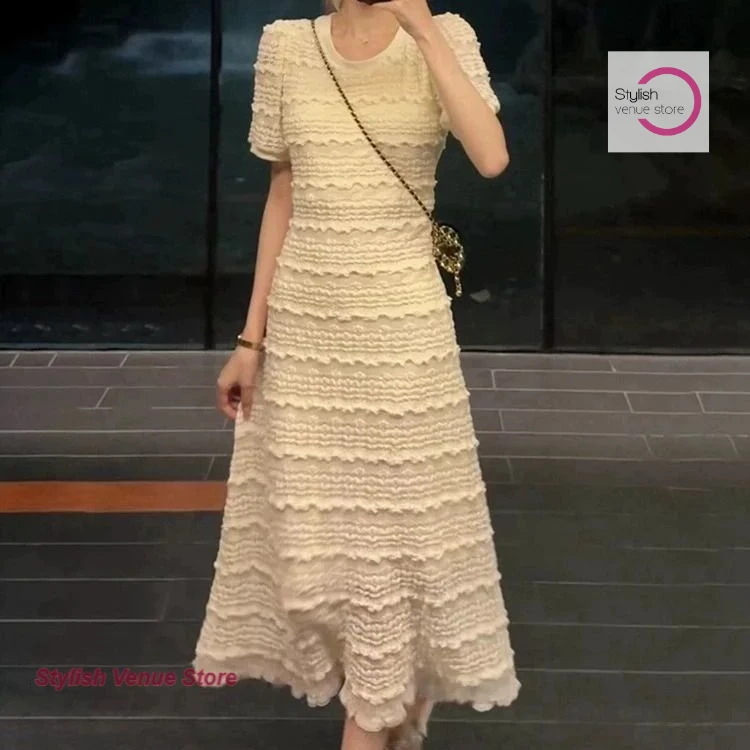 

French style lace solid color long dress female summer new fashion waist temperament wild simple casual wild long skirt.