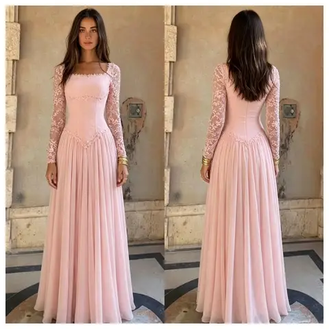 Robe de soirée élégante 2026 à manches longues en dentelle, col carré, en mousseline plissée, longueur ras du sol, pour demoiselle d'honneur, bal de promo ou soirée formelle