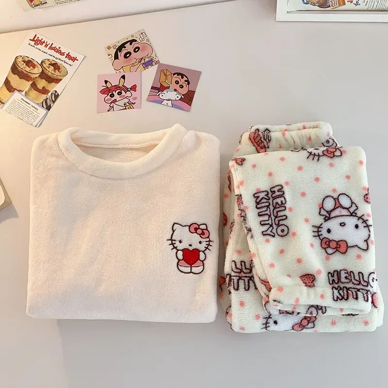 Sanrio Hello Kitty Winter Pure Cotton Coral Fleece Warm Long Sleeves Women\'s Pajamas Silk Pajamas Women\'s Sleepwear Suit