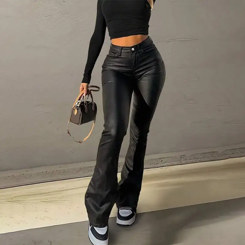 High Waist Slimming PU Leather Pants Ladies Micro Flared Dragging Ground American Style Hot Girl Casual Pants High Waist