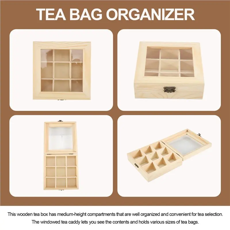Y50A-Tea Storage Box With 9 Compartments, Transparent Glass Top, Multifunctional Storage Box That Can Store Various Tea Bags Dur