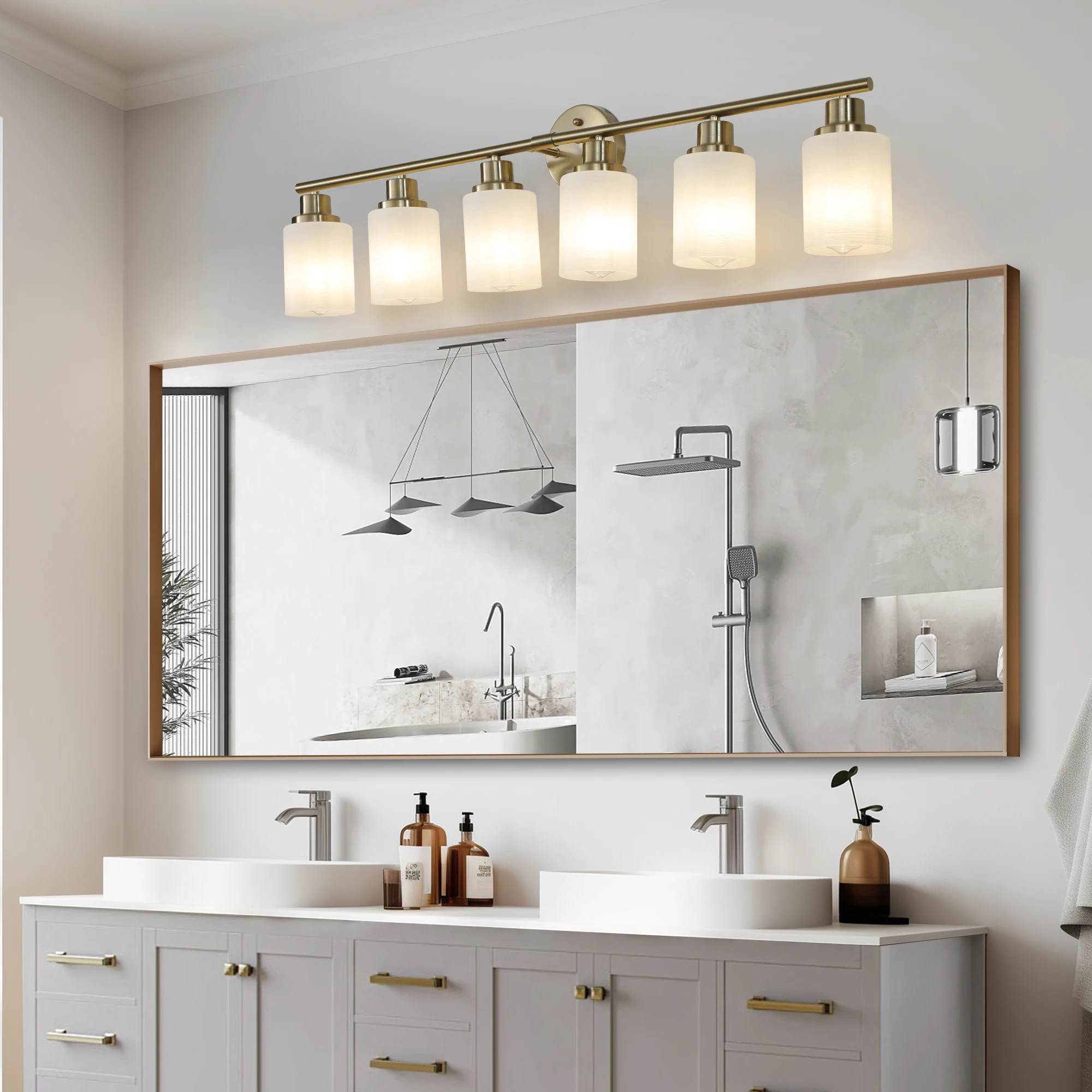 6 Lights Bathroom Vanity Mirror Light Frosted White Glass Shade Gold Iron Frame Modern Wall Sconce for Bedroom Bathroom