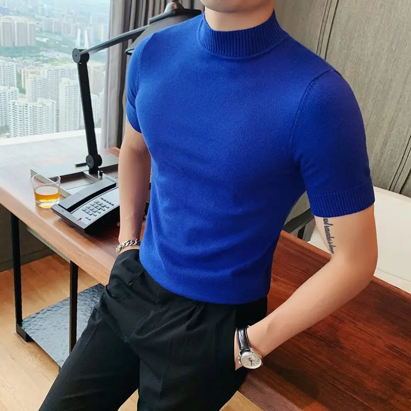 2023 Spring Autumn New Short Sleeve Knitted T-shirts For Men Solid Color Slim Fit Tee Fashion Commuter Korean Tops Male Clothes