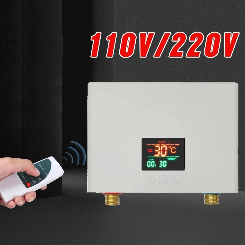 110V/220V Electric Instant Water Heater Wall Mounted Water Heater LCD Temperature Display with Remote Control Bathroom Kitchen