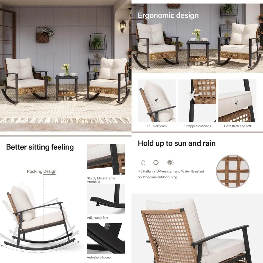 

Набор для бистро-качалки на открытом воздухе, состоящий из 3 предметов, с подушками и двухуровневым журнальным столиком, большая мебель для патио из ротанга