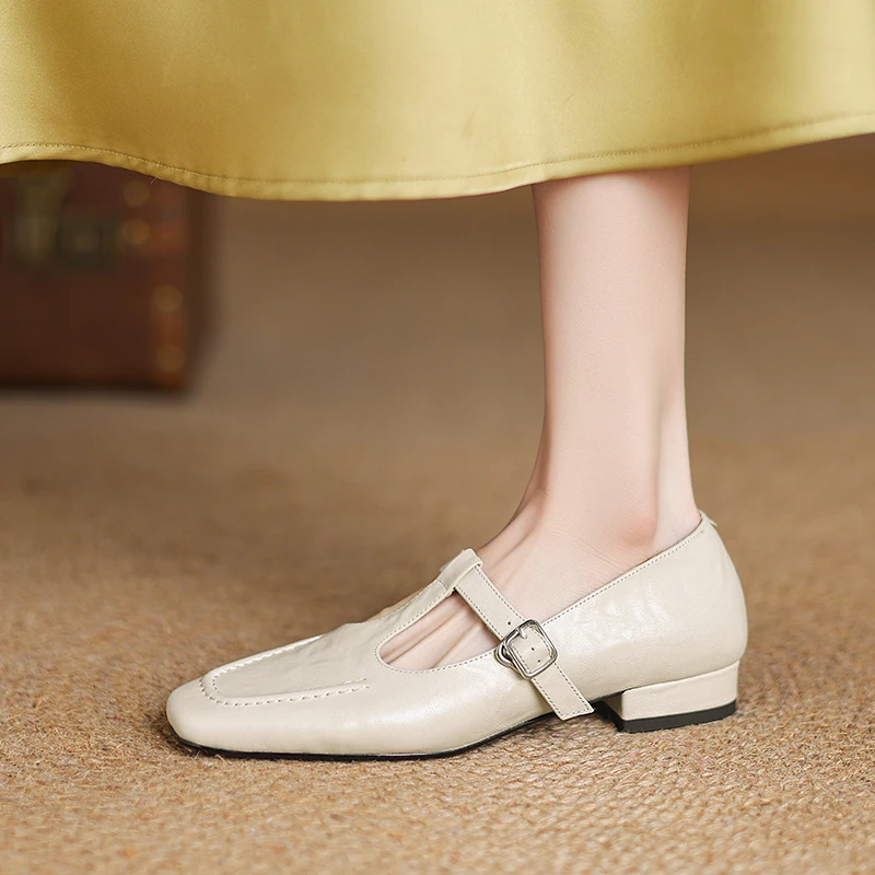2026 new spring summer women pumps natural leather 22-25.5cm soft sheepskin square toe low heel t-buckle women shoes fashion