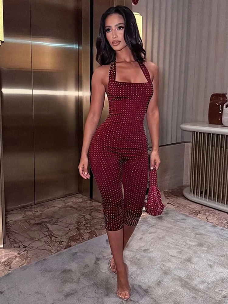 Kliou Sexy Backless Rompers Woman Rhinestone Decoration Halter Low-Neck Sleeveless Skinny Peach Hip Street Sexy Fashion Playsuit