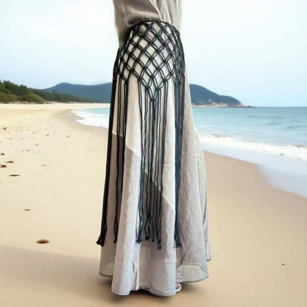 Bohemian Netted Fringe Waistband Decorative Tassel Ethnic Design Waist Wrap Handwoven Bikini Cover Up Women's Waist Accessory