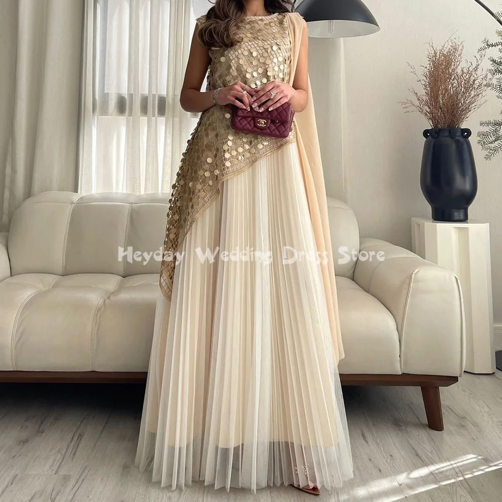 

Heyday Women's Tulle O-Neck Floor-Length Saudi Evening Dresses With Sleeveless A Line Formal Elegant Party Dresses 2025