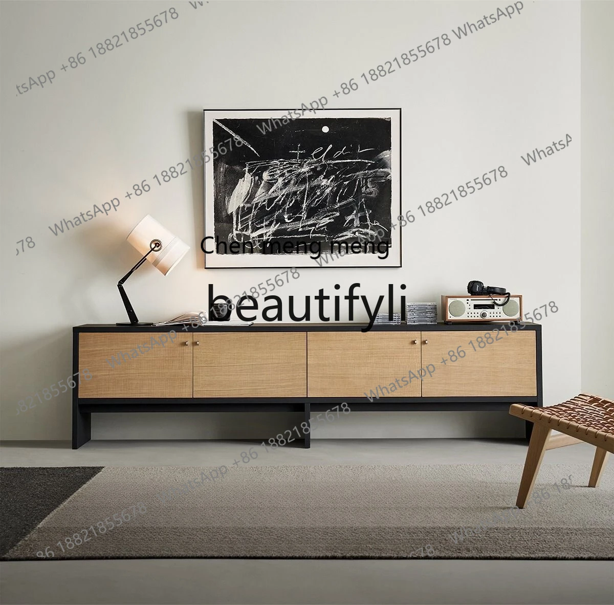 

TV cabinet black color matching log household living room storage cabinet