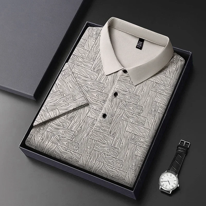 Mens Geometric Pattern Short Sleeve Polo Shirts Casual Business Tops Breathable Lightweight Wrinkle Resistant