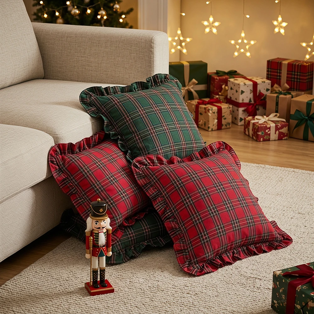 Dekorative Karierte Rüschen-Kissenbezüge, Schachbrettmuster Sofakissen-Überzüge, Wohnzimmer-Kissenhüllen, Weihnachtsdekoration – Detail 1